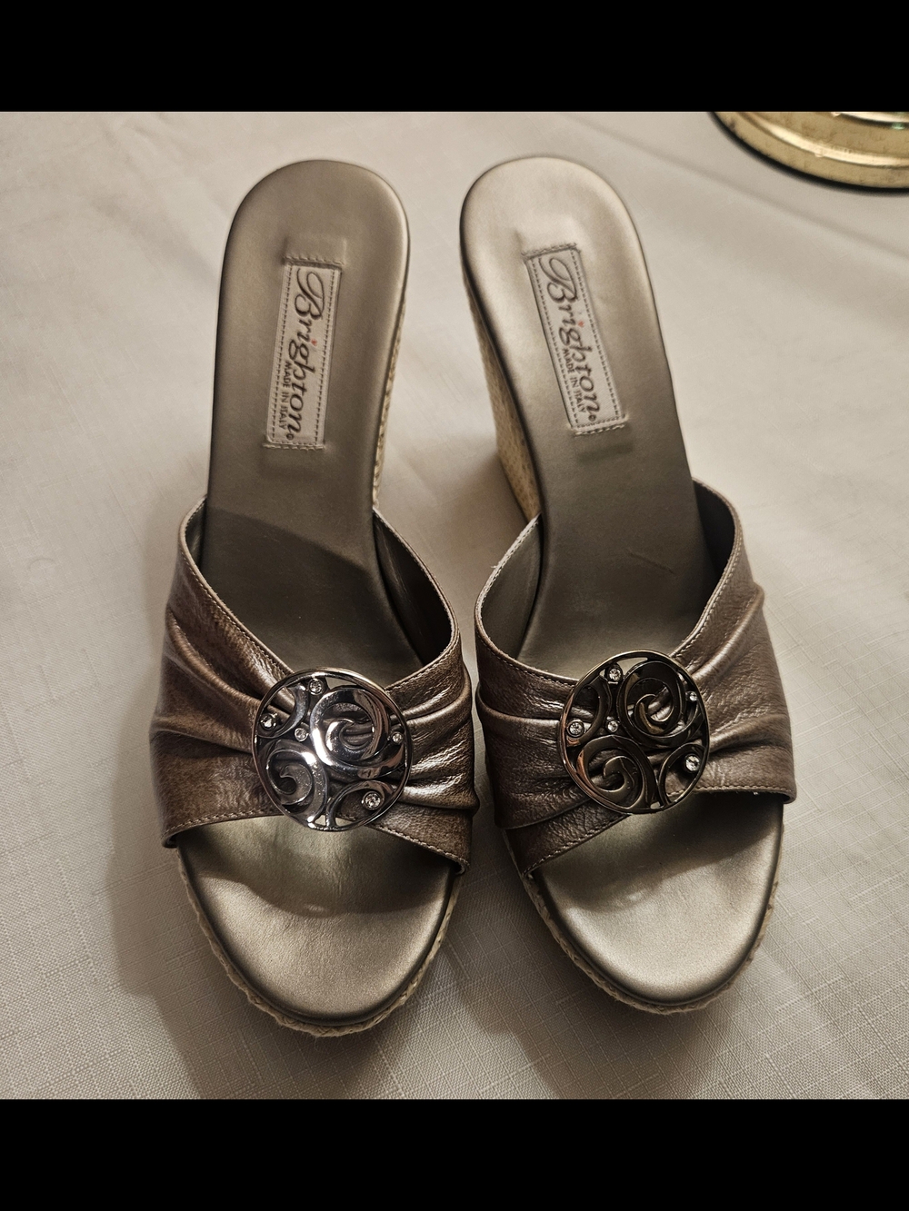 Brighton Metallic Wedge Slide Sandals in Pewter